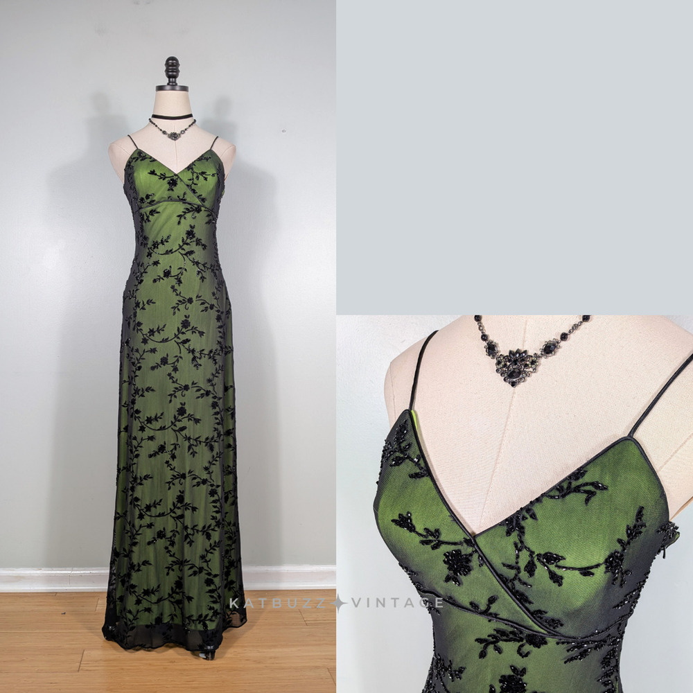 Vintage Prom Dress Maxi Gown 6 Green Black Fairy Goth 90S Y2K Glam Bead Overlay